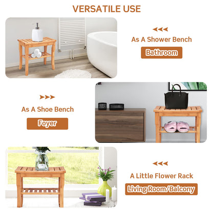 2-Tier Slatted Spa Bath Stool Shower Seat with Storage Shelf and Non-Slip Feet