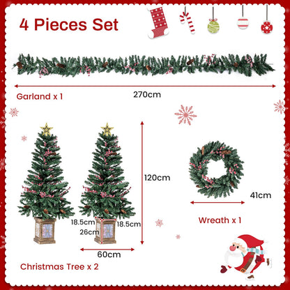 2 Pack Entrances Trees with Garland and Wreath Potted Christmas Tree Set of 4