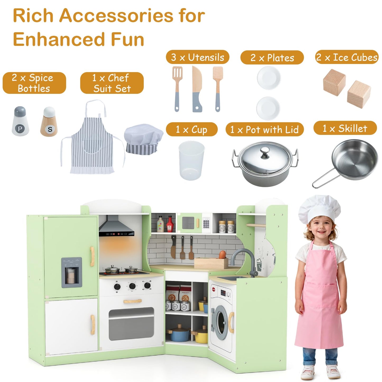 Wooden Corner Play Kitchen with Sounds and Lights