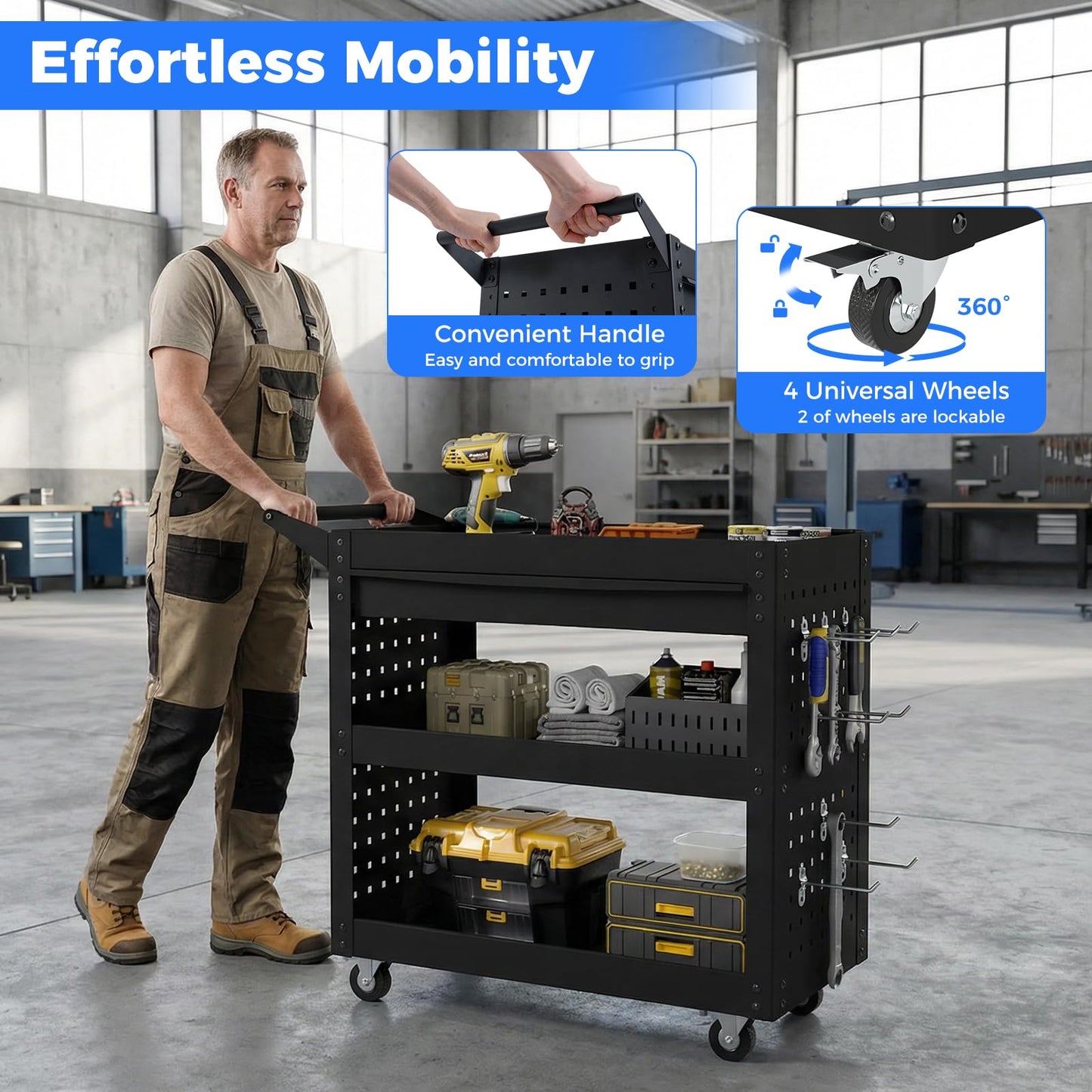 3-Tier Tool Trolley on Wheels, Lockable Metal Mechanic Tool Cart with Drawer