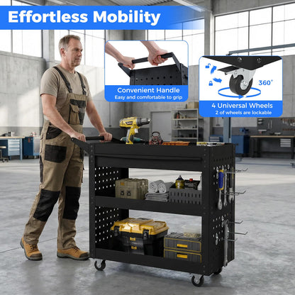 3-Tier Tool Trolley on Wheels, Lockable Metal Mechanic Tool Cart with Drawer