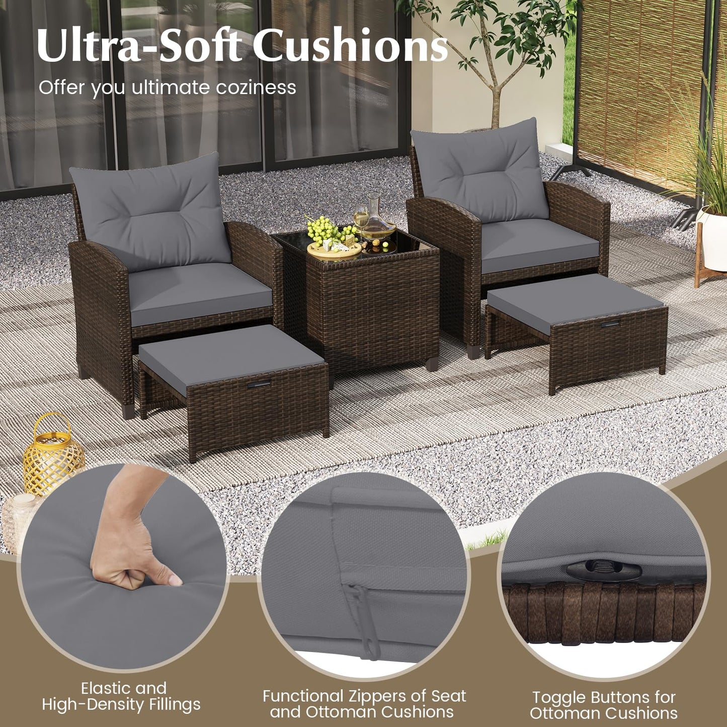 5-Piece Rattan Garden Furniture Set, Patio Conversation Set with 2 Chairs