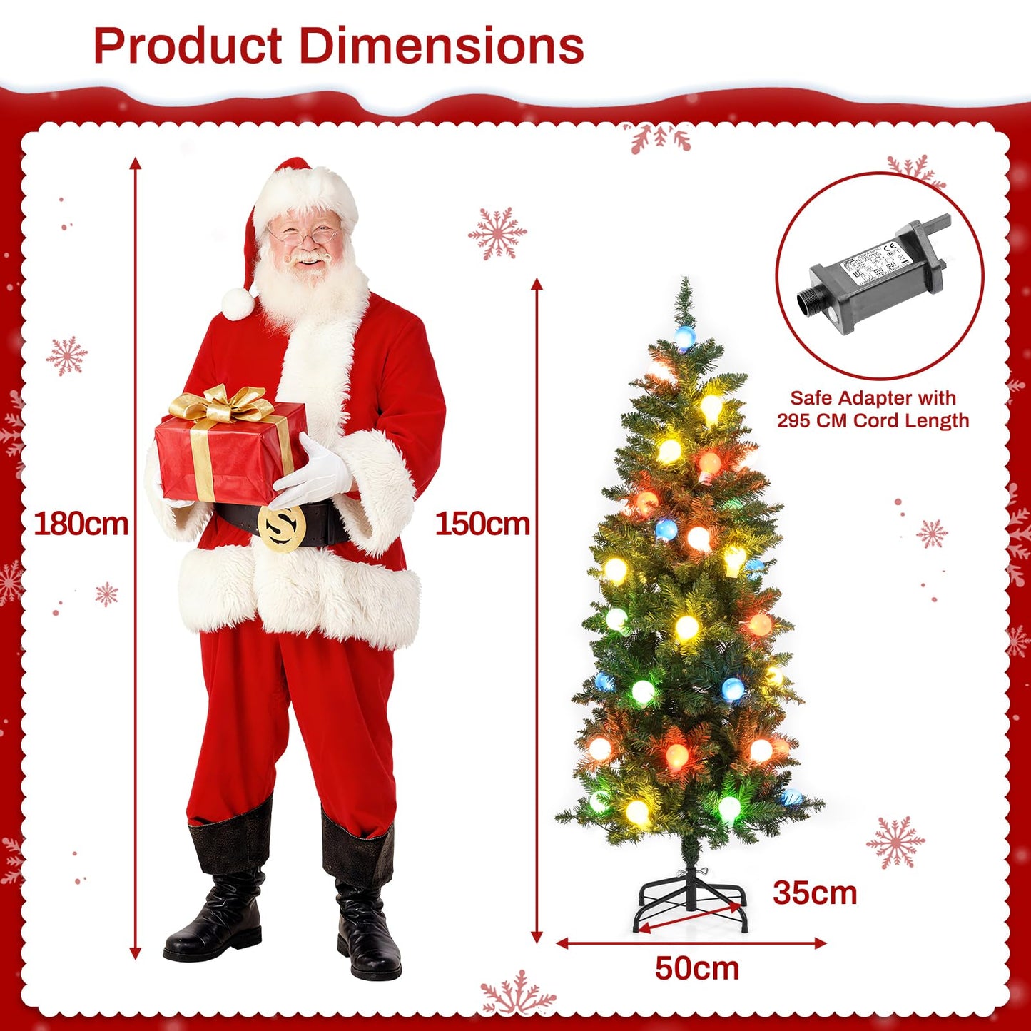 150 CM Pre-Lit Artificial Slim Pencil Hinged Christmas Tree with 39 Multicolored Globe LED Lights