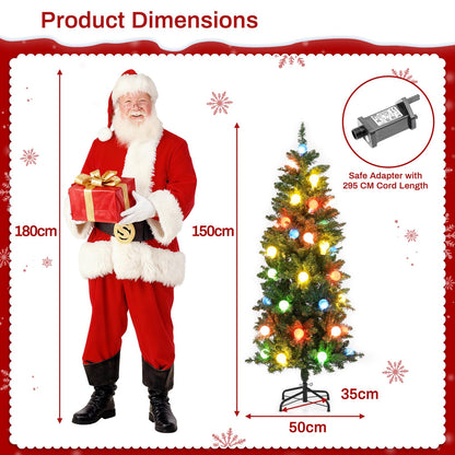 150 CM Pre-Lit Artificial Slim Pencil Hinged Christmas Tree with 39 Multicolored Globe LED Lights