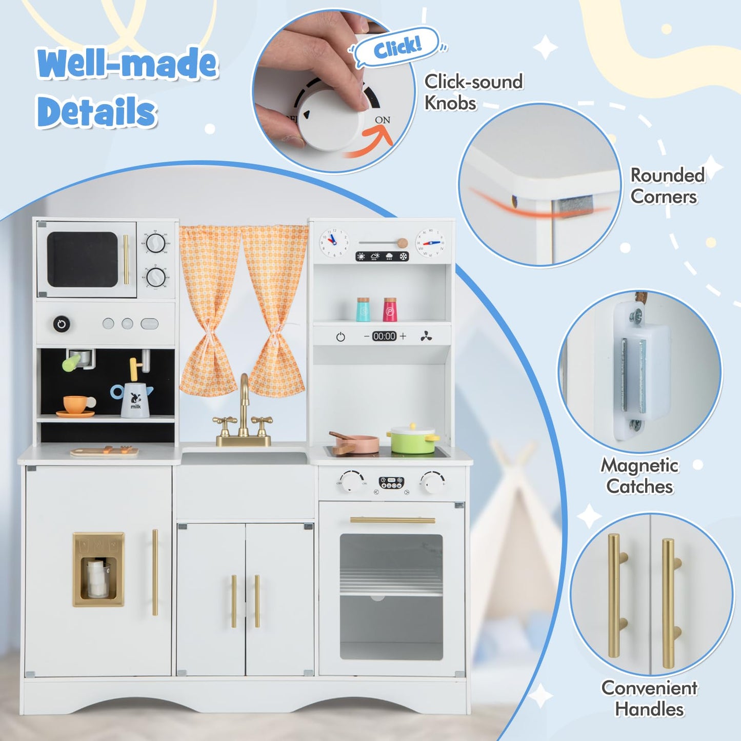 Kids Play Kitchen Wooden with Microwave and Ice Maker with Sounds
