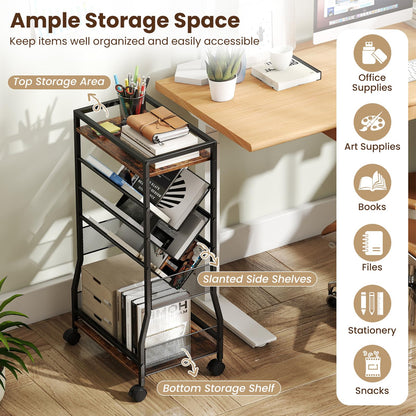 Rolling File Utility Cart with 3 Slanted Side Shelves and Lockable Wheels
