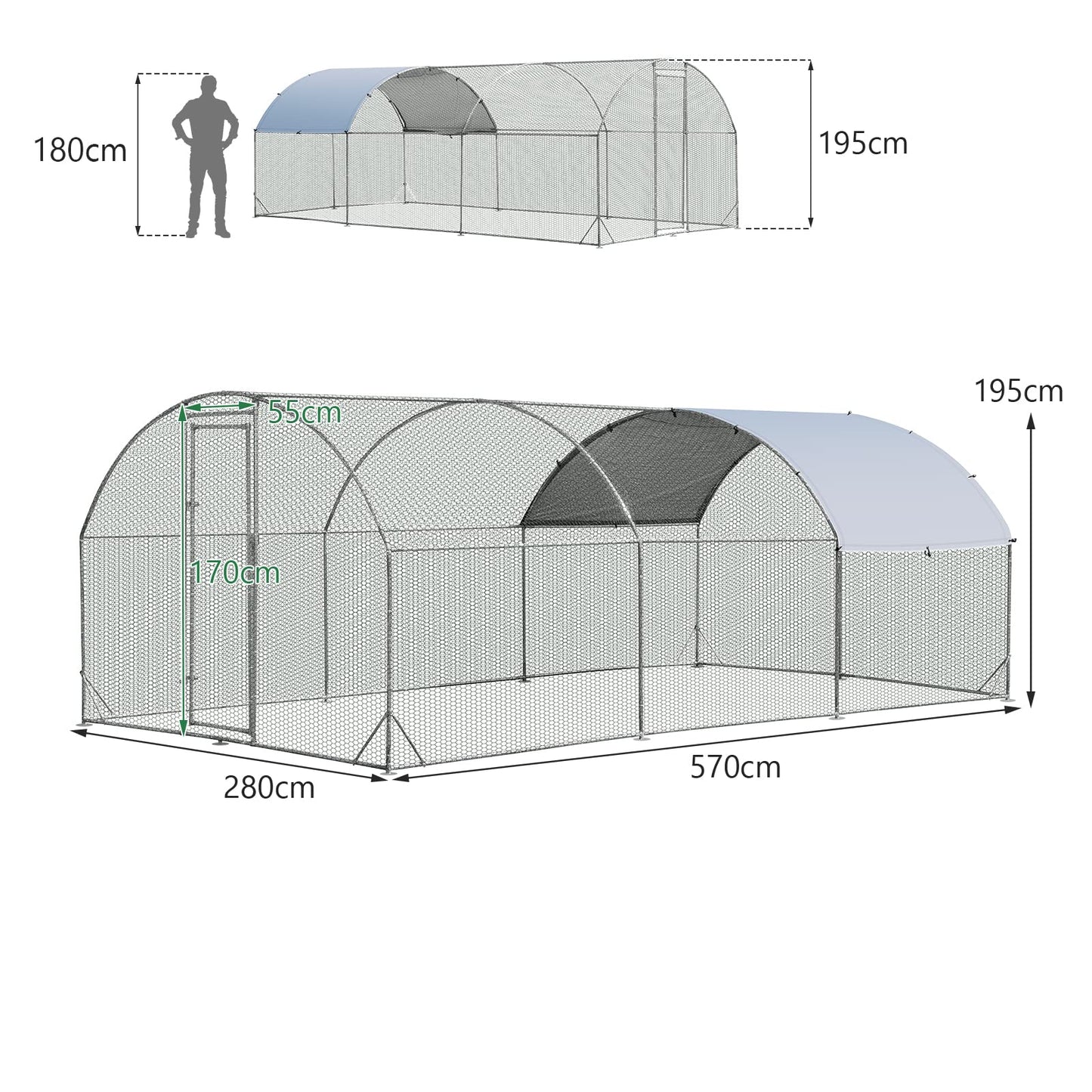 Galvanized Metal Walk-in Hen Run House with Waterproof Cover