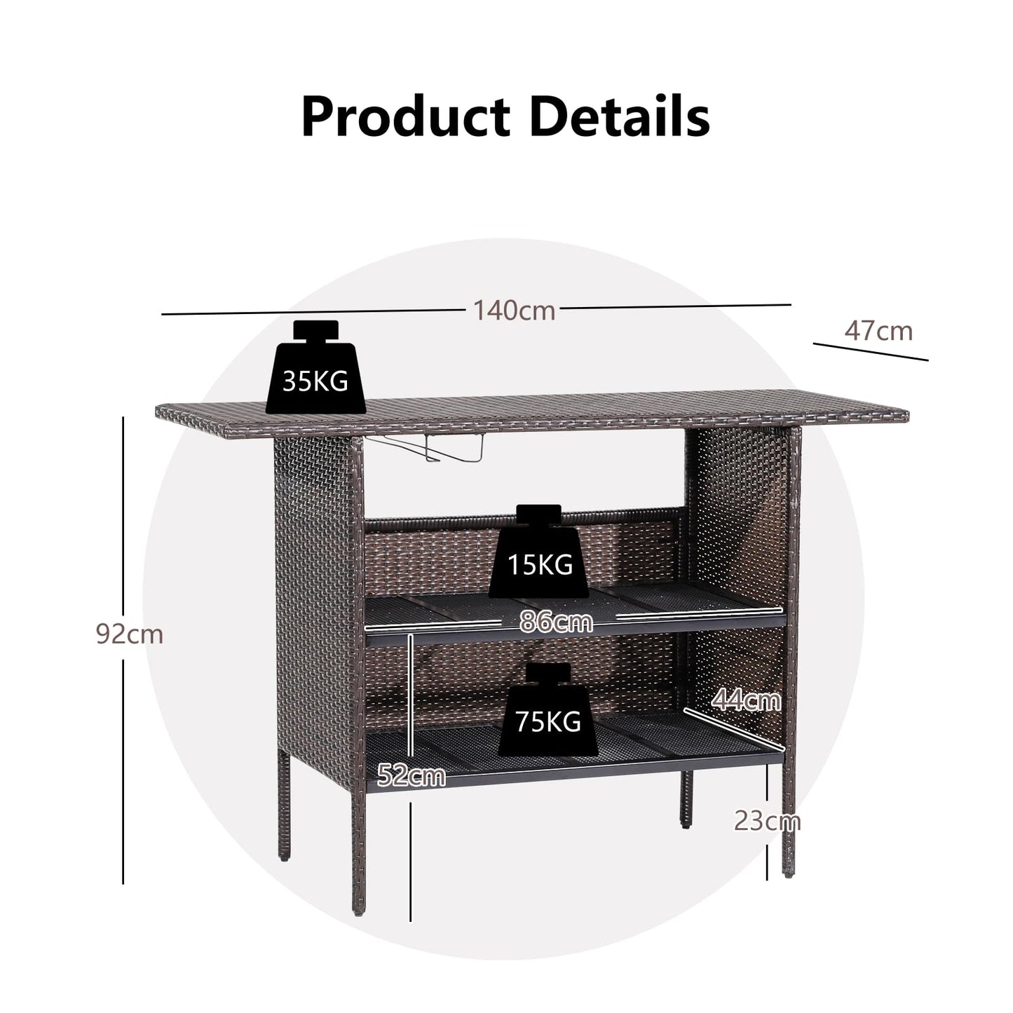 All Weather Wicker Bar Counter Table with 2 Metal Mesh Shelves