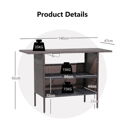 All Weather Wicker Bar Counter Table with 2 Metal Mesh Shelves