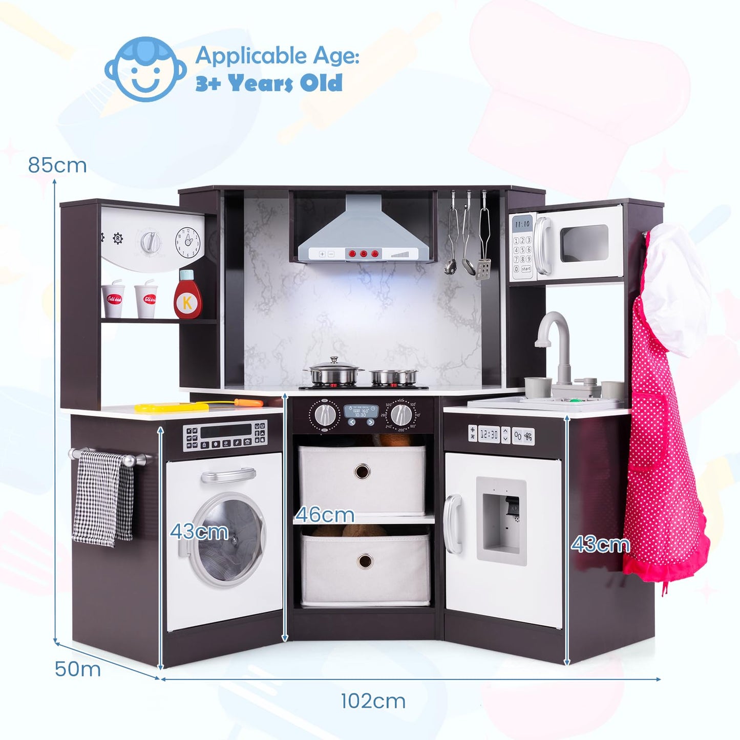 Wooden Kids Play Kitchen Corner with Lights and Water Circulation System