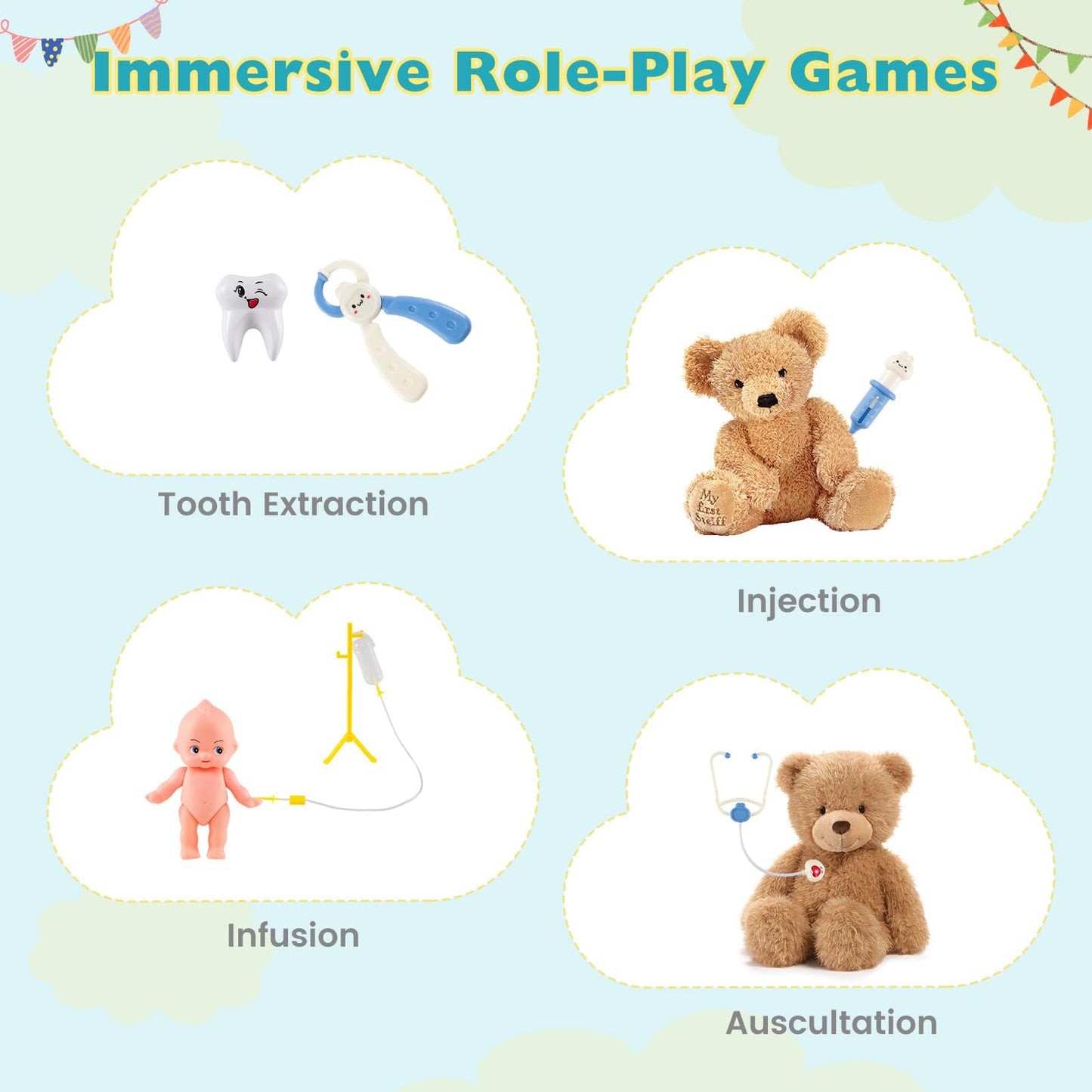 Wooden Toy Medical Center Playset with Faucet and ECG Monitor for Aged 3-6