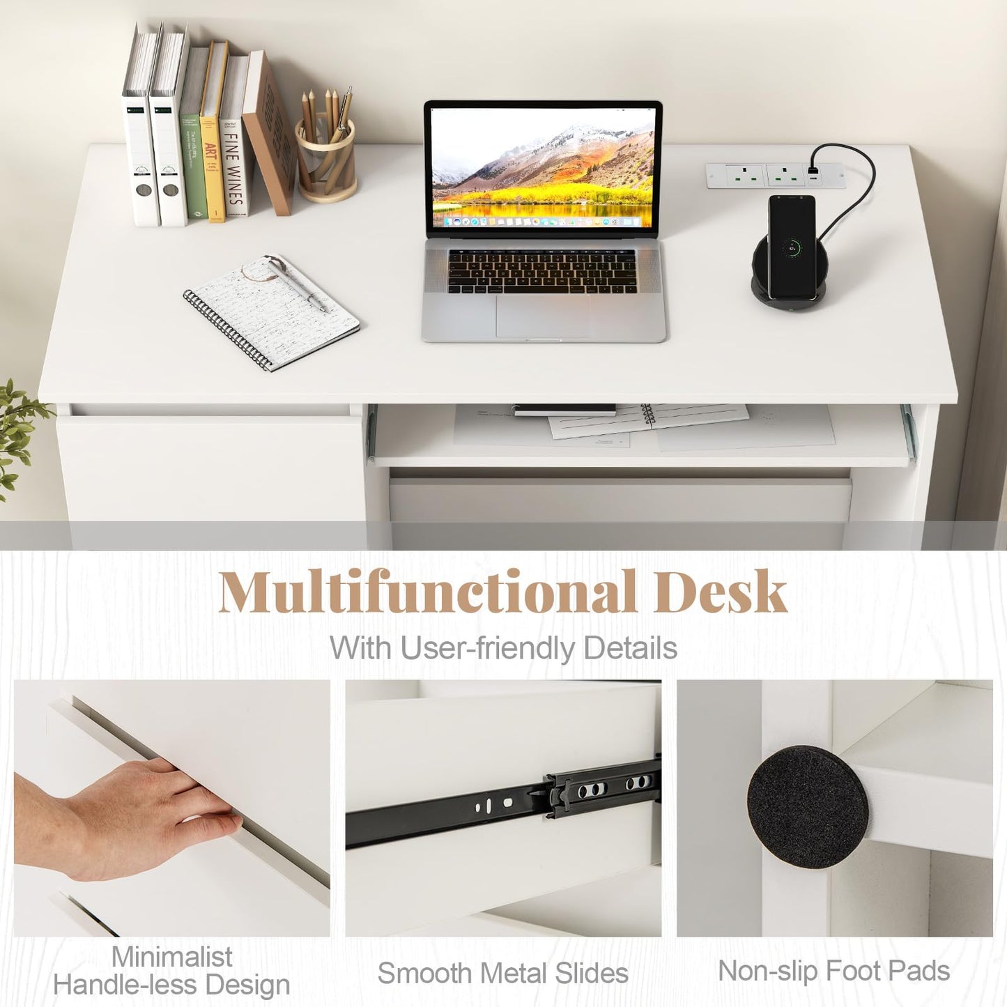 Computer Desk with 3 Large Drawers and Power Outlet