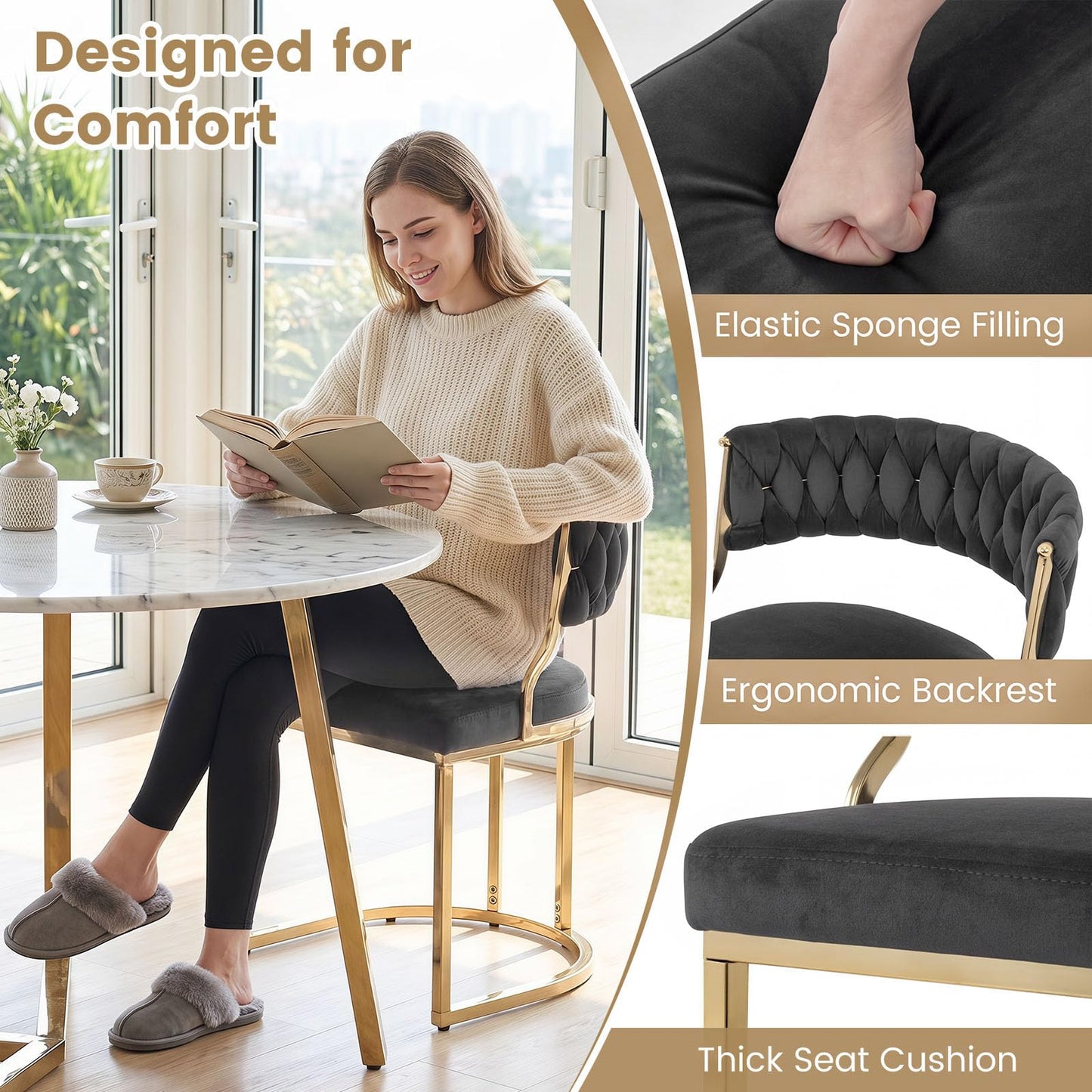 2 Pieces Velvet Dining Chairs with Curved Back and Metal Base
