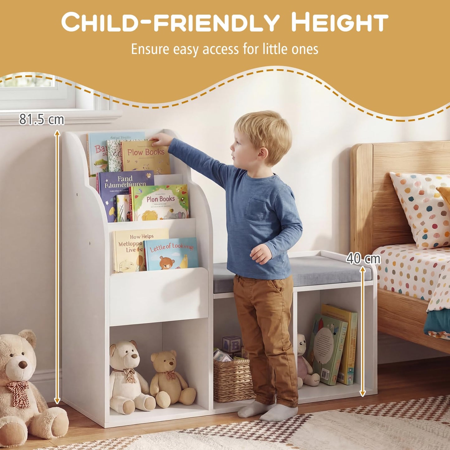 Kids Reading Nook with Bench Wooden Toddler Bookcase with 3 Storage Cubbies