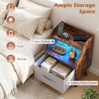 Bedside Table with Charging Station and LED Lights