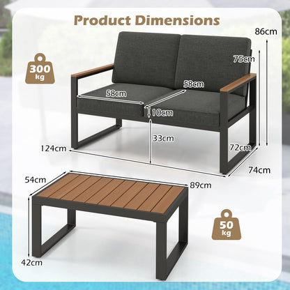 2-Seater Patio Aluminum Furniture Set with Coffee Table and Cushions