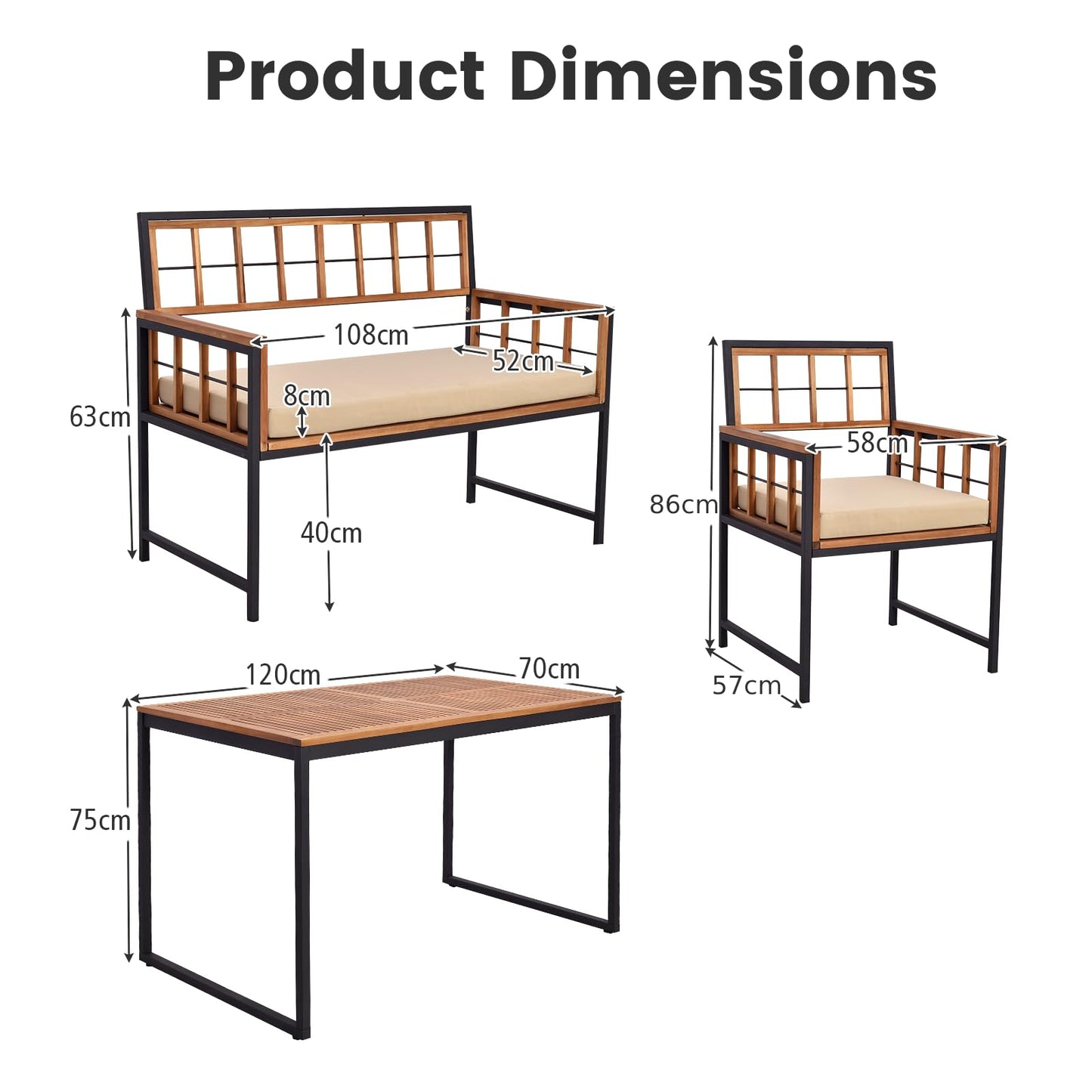 4 Pieces Acacia Wood Patio Dining Set with 1 Rectangular Table