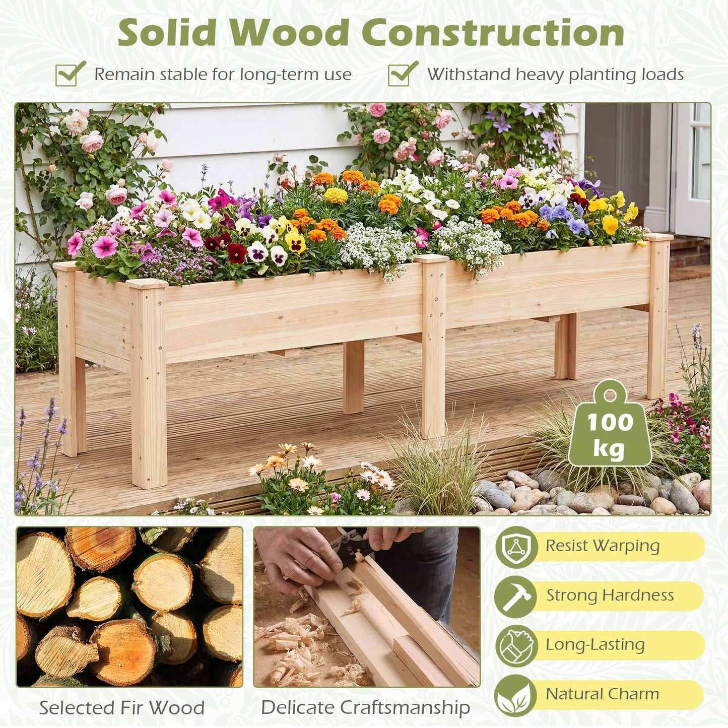 Raised Garden Bed, Wooden Elevated Planter Box with Legs and Drainage Holes