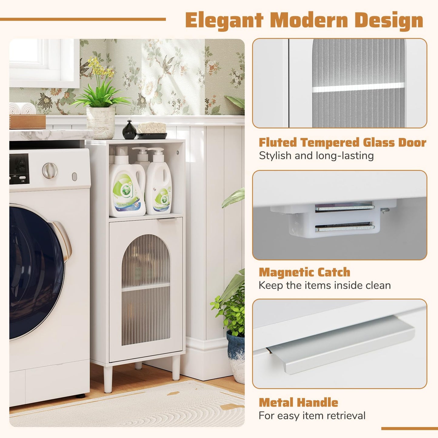 Bathroom Floor Cabinet, Freestanding Storage Cupboard with Tempered Glass Door