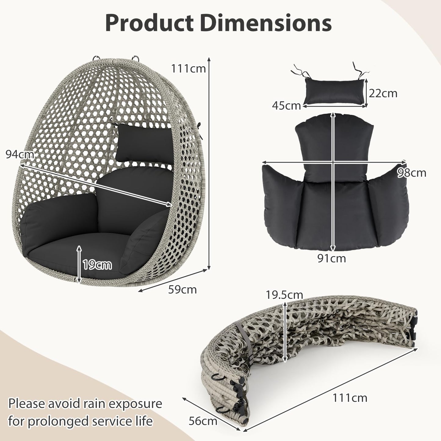 Swing Egg Chair with Soft Thick Cushion and Head Pillow