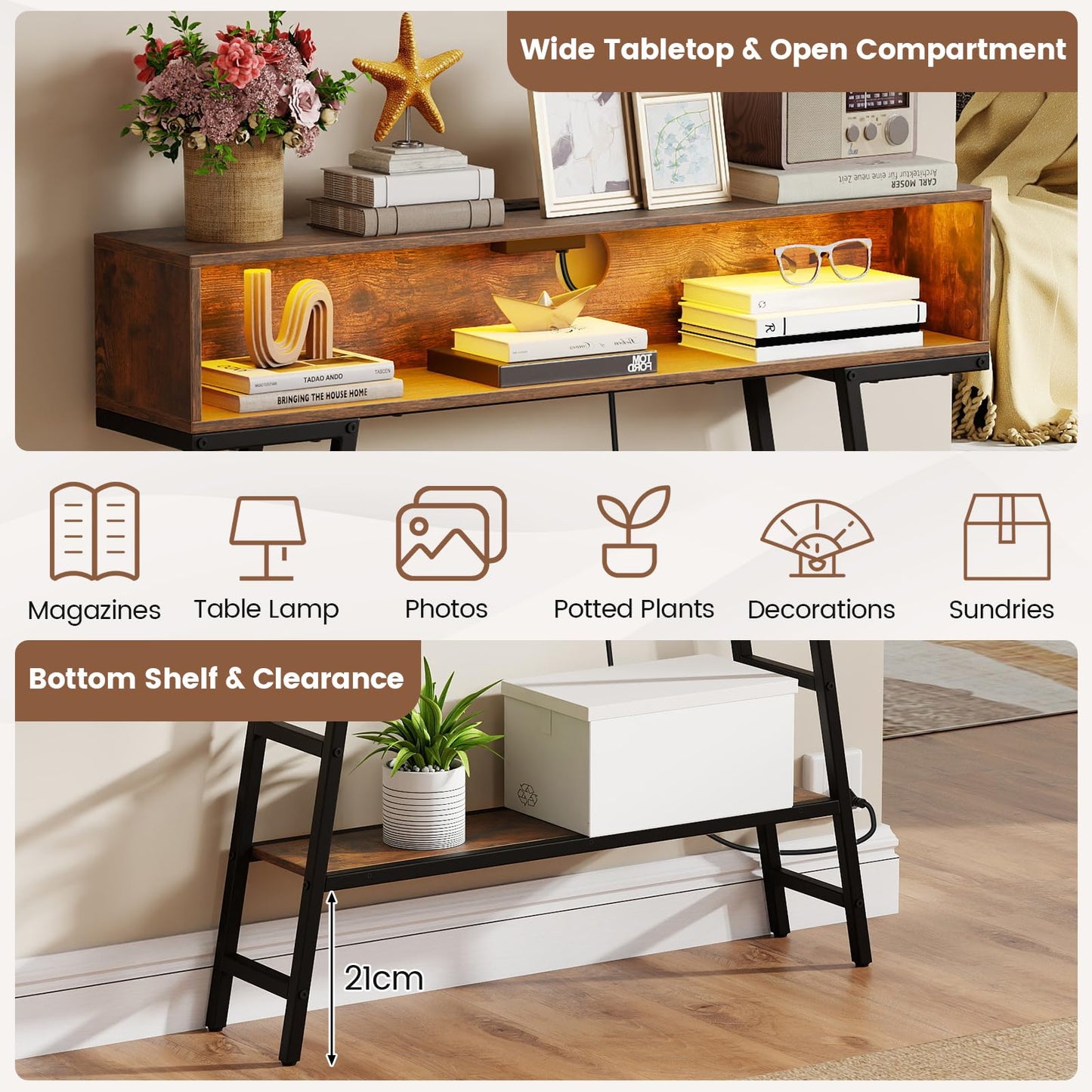 Console Table with LED Lights and Charging Station, 3-Tier Narrow Entryway Table with Storage Shelves