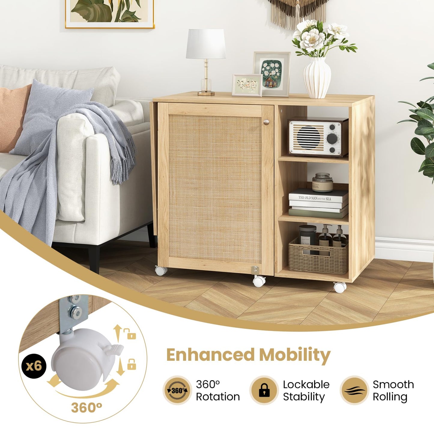 Folding Sewing Table, Mobile Craft Table with Rattan Door