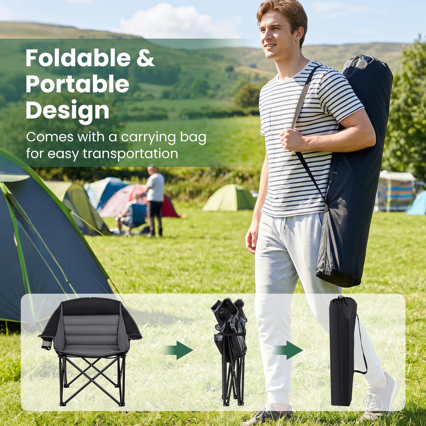 Oversized Folding Camping Chair, Padded Oxford Chair with Cup Holder, Side Pocket & Carry Bag
