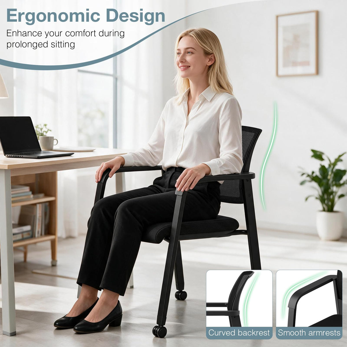Set of 2 Stackable Reception Chairs, Upholstered Mesh Office Chair Meeting Conference Armchair