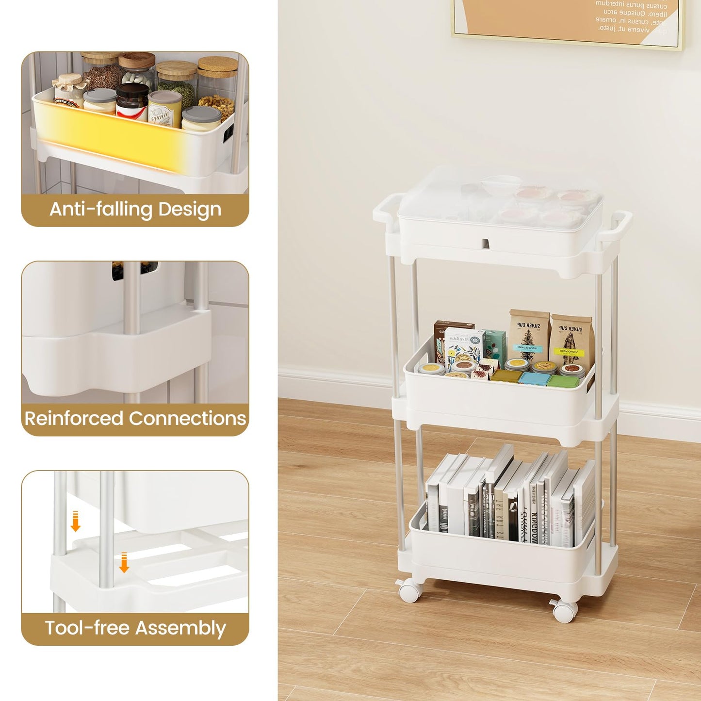 3-Tier Rolling Utility Cart Storage Trolley with Removable Cover and Shelves