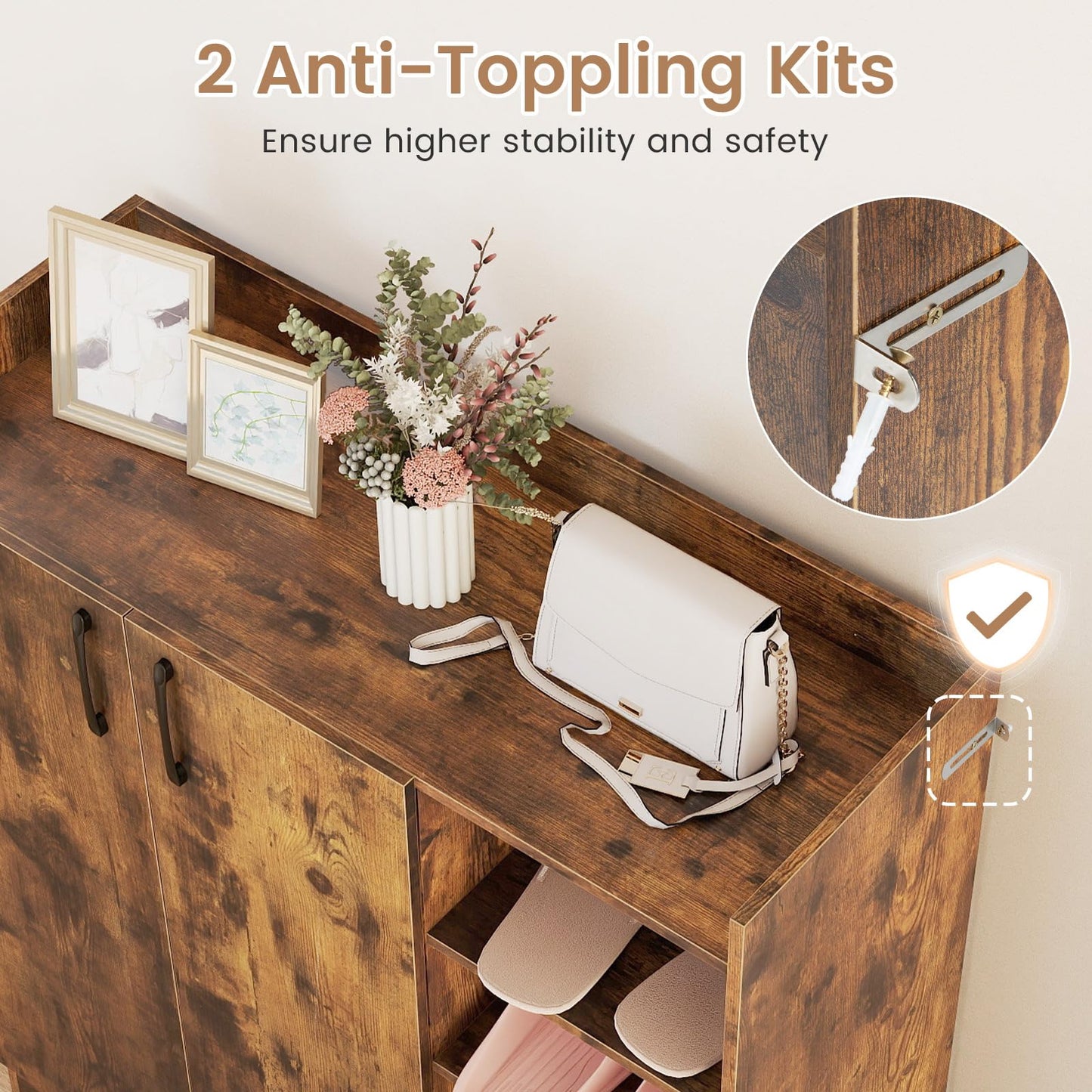 Shoe Storage Organizer with 2 Adjustable Inner Shelves and 4 Open Shelves