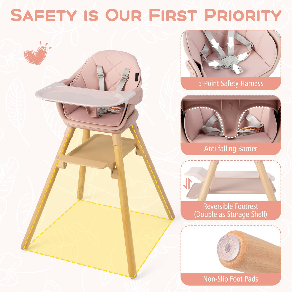 3 in 1 High Chairs for Babies and Toddlers with Foot Rest and Removable Double Tray