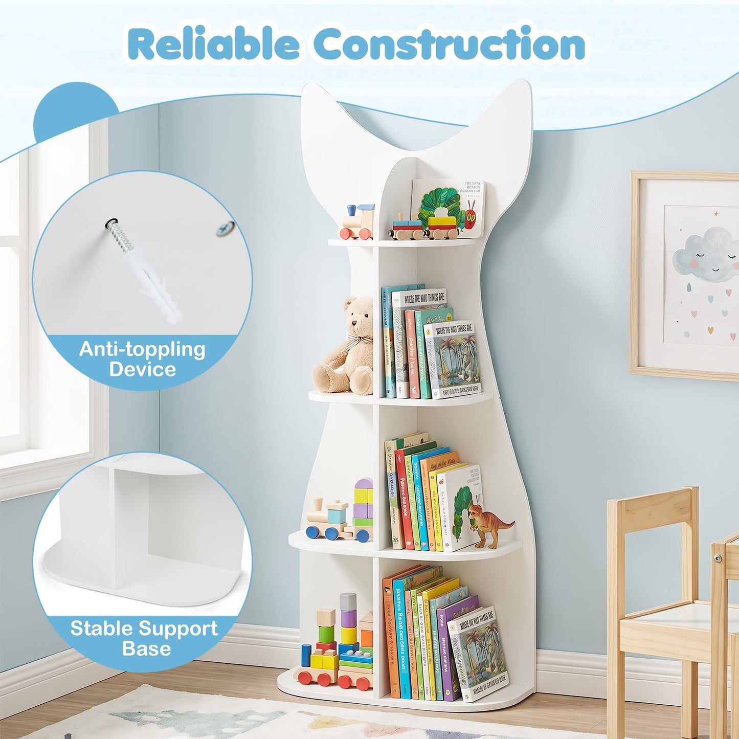 Kids Bookshelf, 4-Tier Corner Children Bookcase