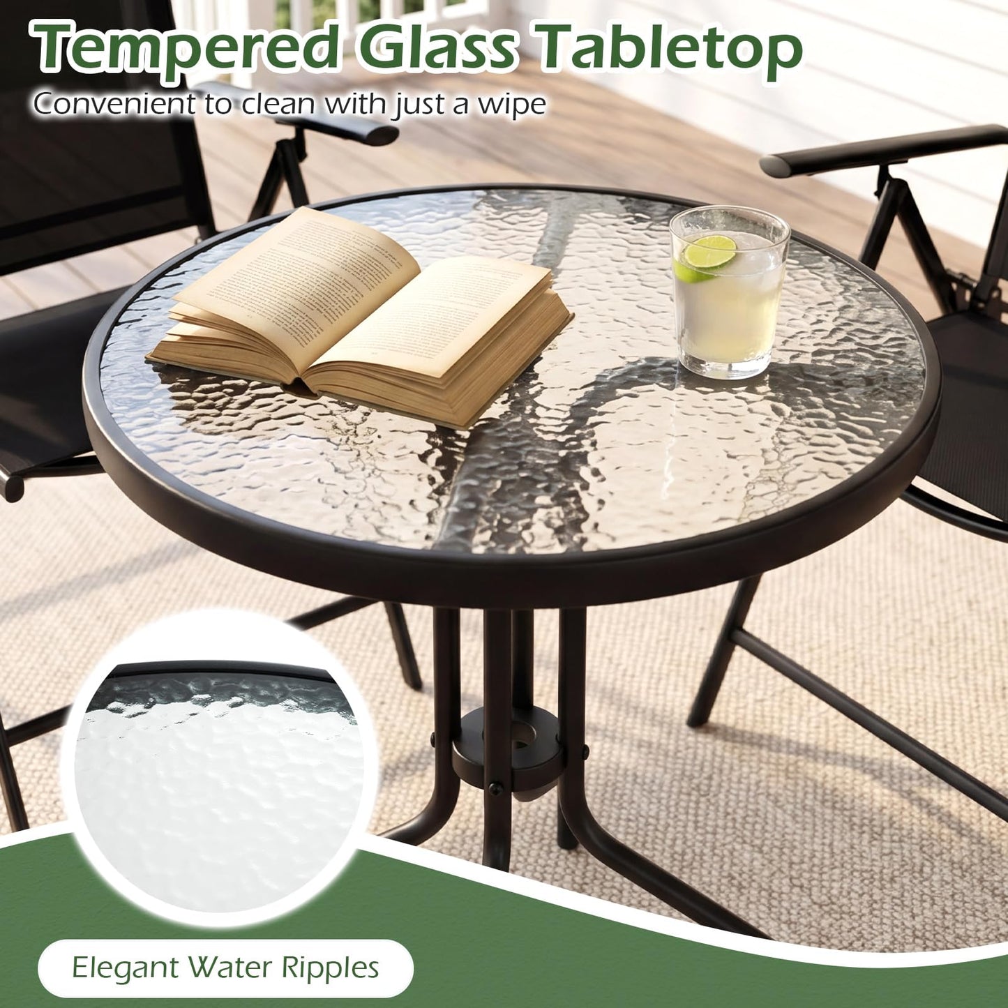 3 Piece Patio Bistro Set with Tempered Glass Coffee Table and Heavy Duty Metal Frame