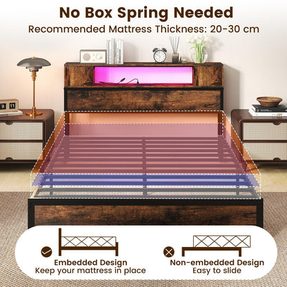 Double Metal Bed Frame with LED Lights, Charging Station