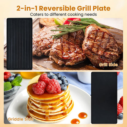 2 in 1 reversible non-stick griddle plate, 8 pans, 8 wooden spatulas, tong, adjustable temperature, indoor party cooking