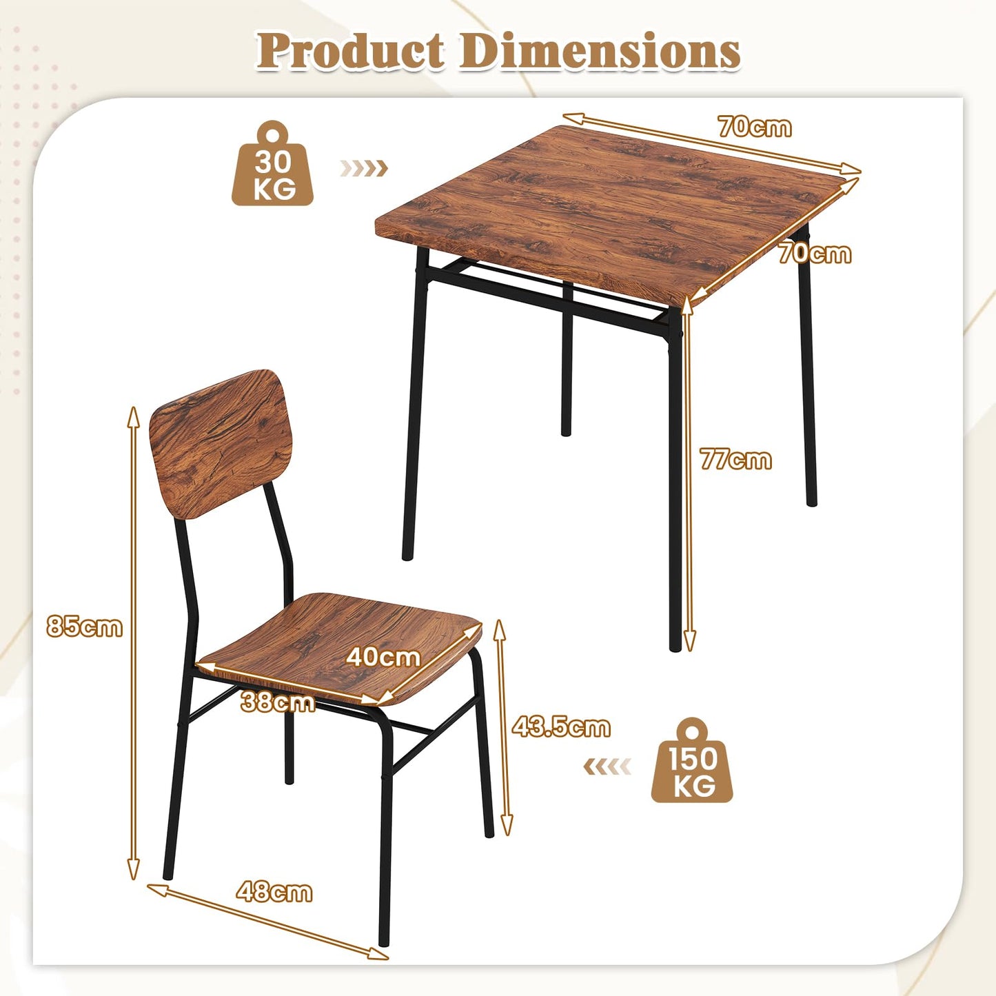 Rectangular Breakfast Kitchen Table Set with 2 Chairs and Storage Rack