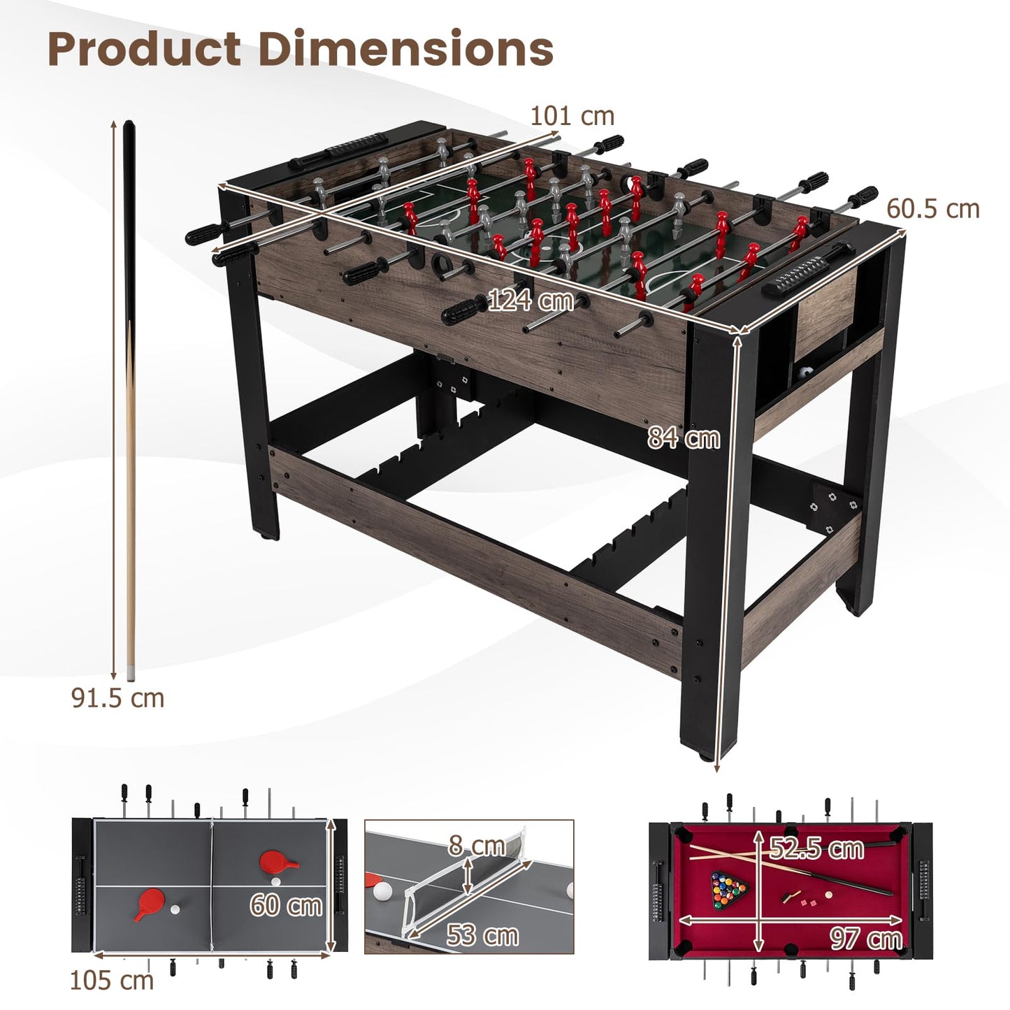 3-in-1 124CM Swivel Game Table with Foosball Pool Billiards Table Tennis