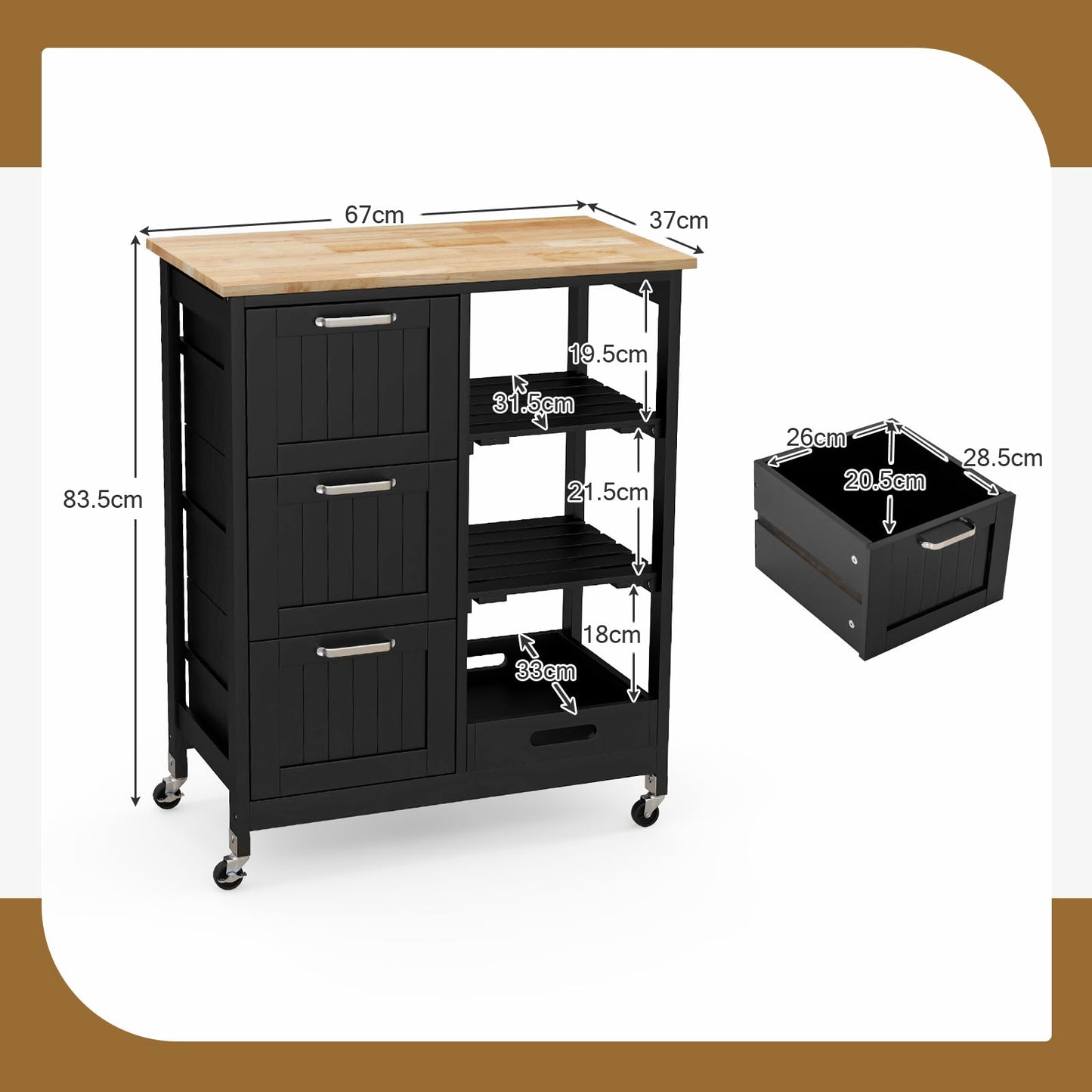 Kitchen Island Rolling Cart Utility Cart on Lockable Wheels with 3 Drawers