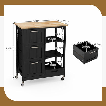 Kitchen Island Rolling Cart Utility Cart on Lockable Wheels with 3 Drawers
