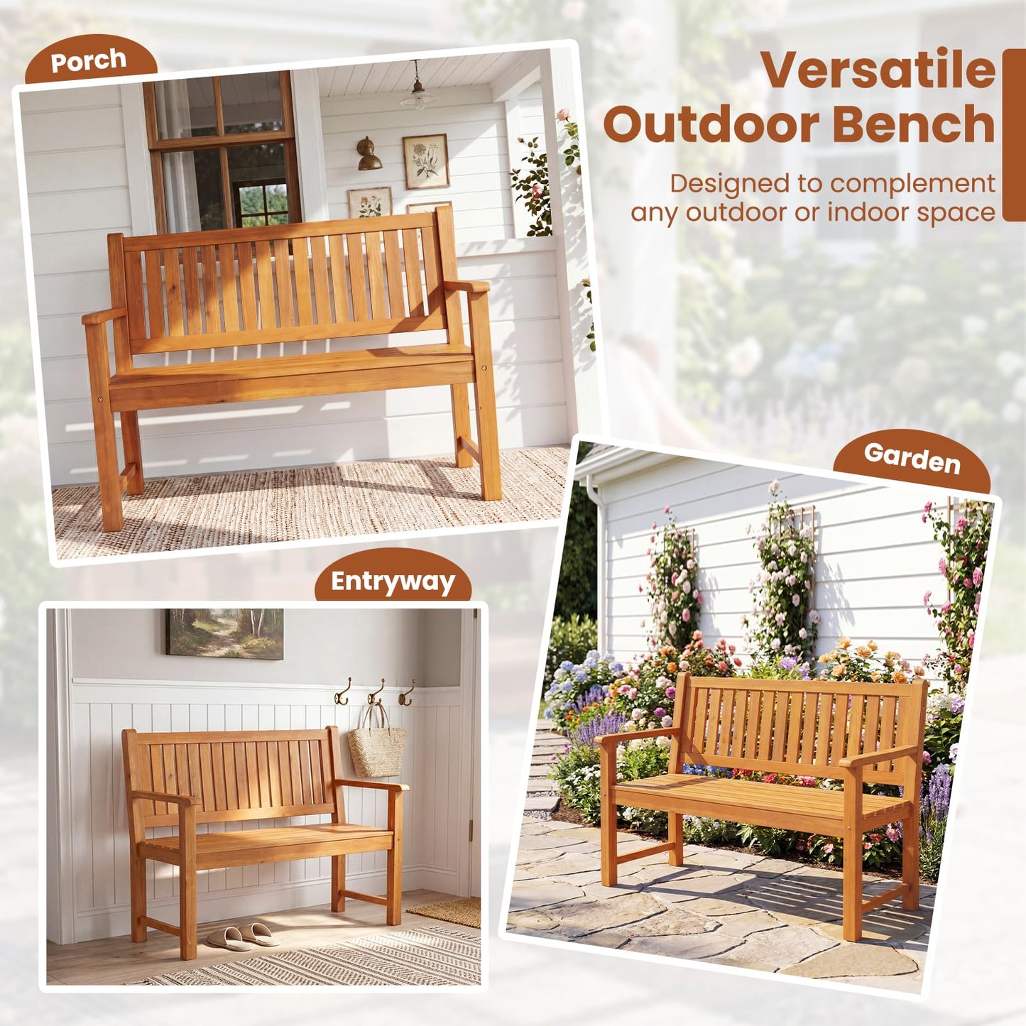 2/3-Person Garden Bench, All-Weather Wooden Patio Loveseat Park Bench Chair