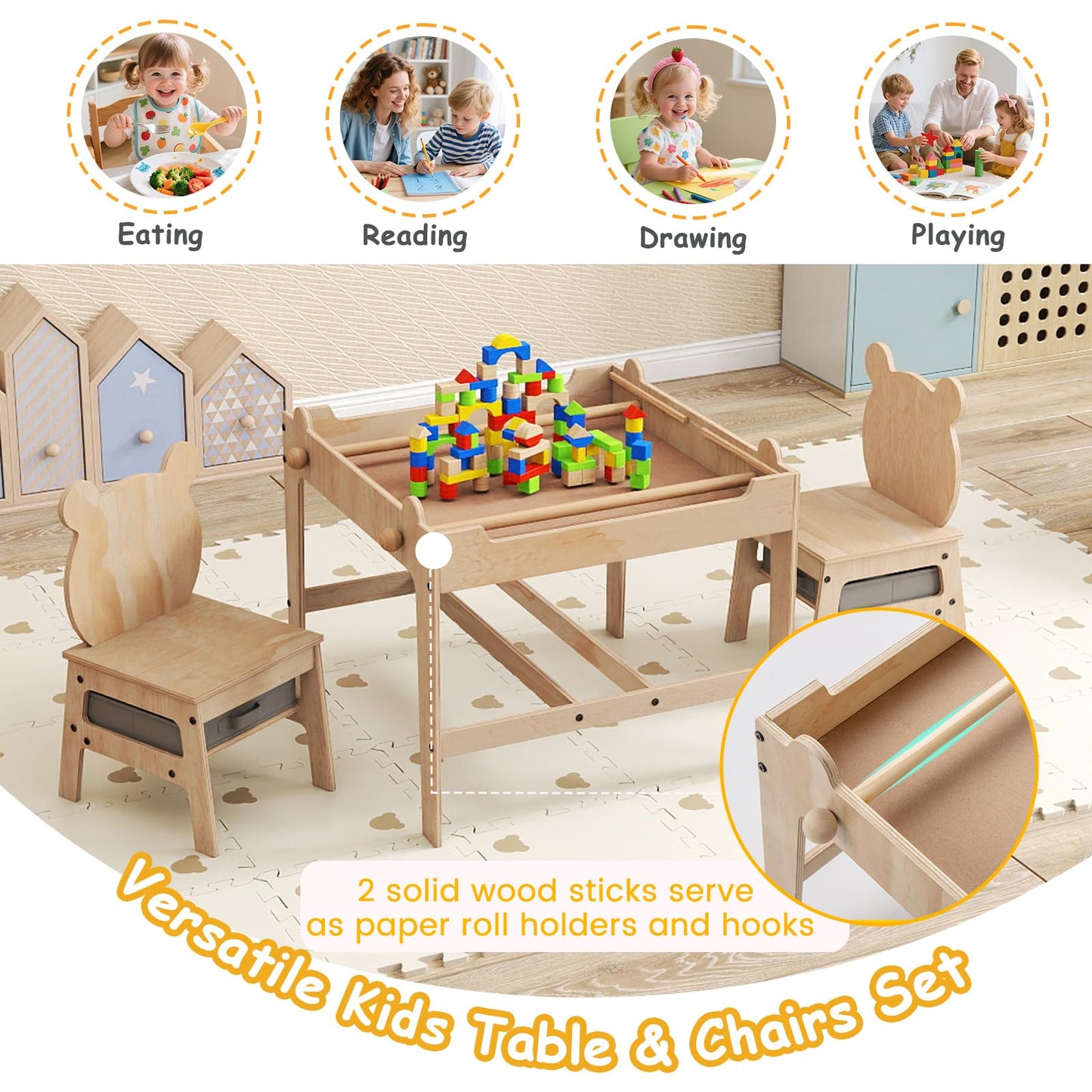 Kids Table and Chairs 4 in 1 Wooden Activity Desk Set (Bear Shape)