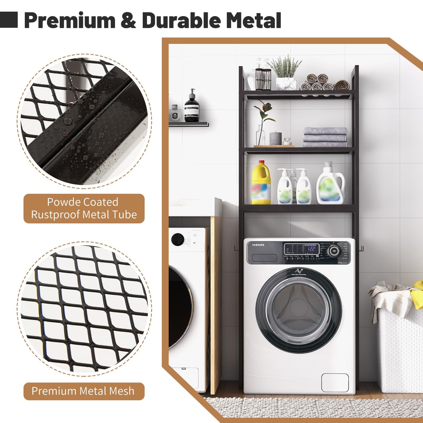 Freestanding Bathroom Shelf Space Saver with 3-Tier Mesh Shelves and 3 Hooks