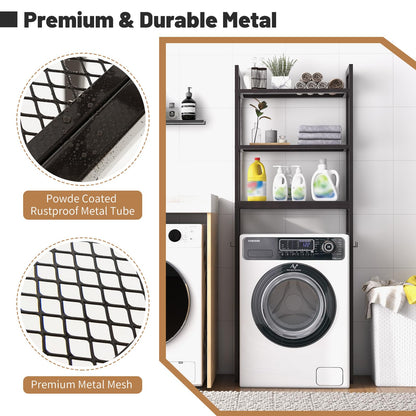 Freestanding Bathroom Shelf Space Saver with 3-Tier Mesh Shelves and 3 Hooks