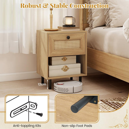 Rattan Nightstand with Drawer and Open Storage Shelf for Living Room Set of 2