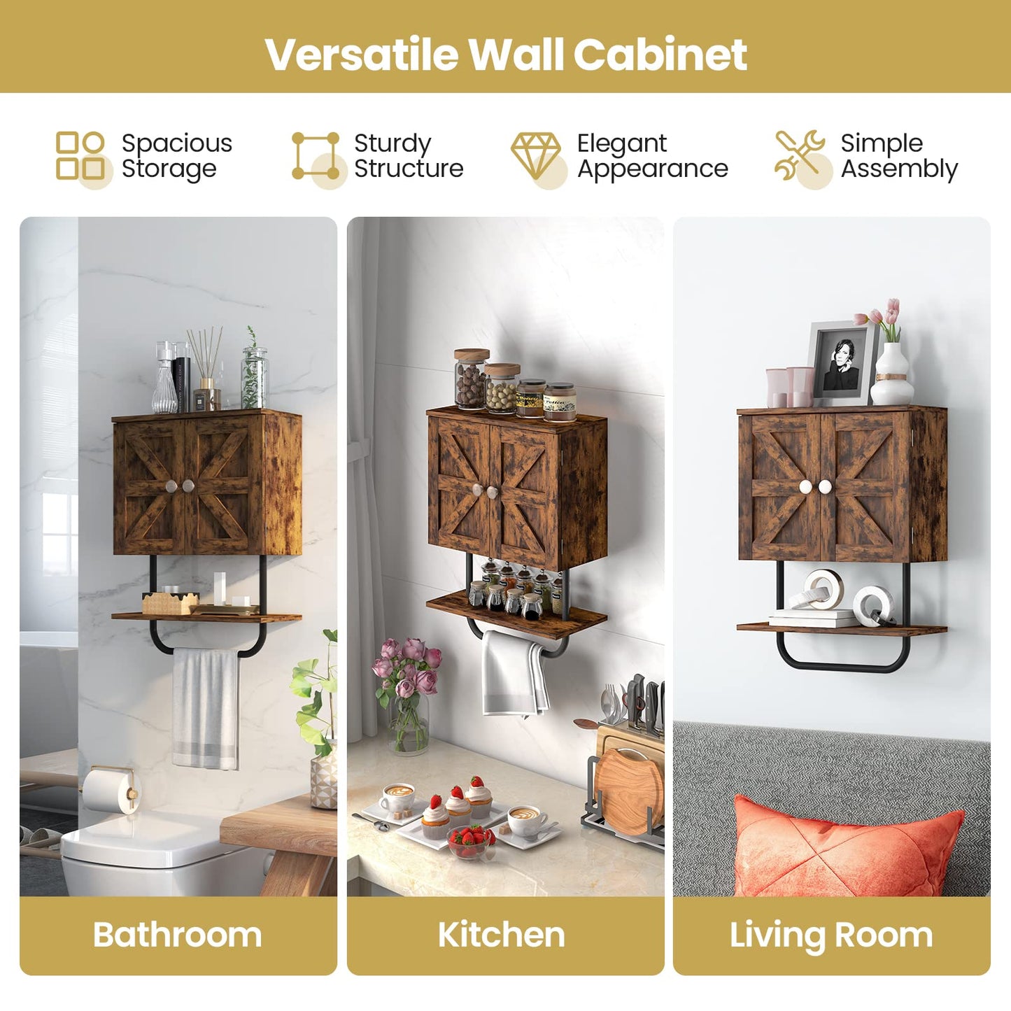 Bathroom Wall Cabinet with Double Door and Open Shelf and Towel Rack