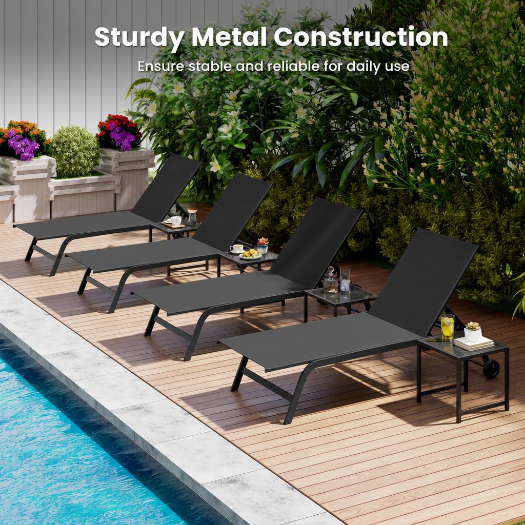 Garden Sun Lounger with Side Table, 6-Level Patio Recliner