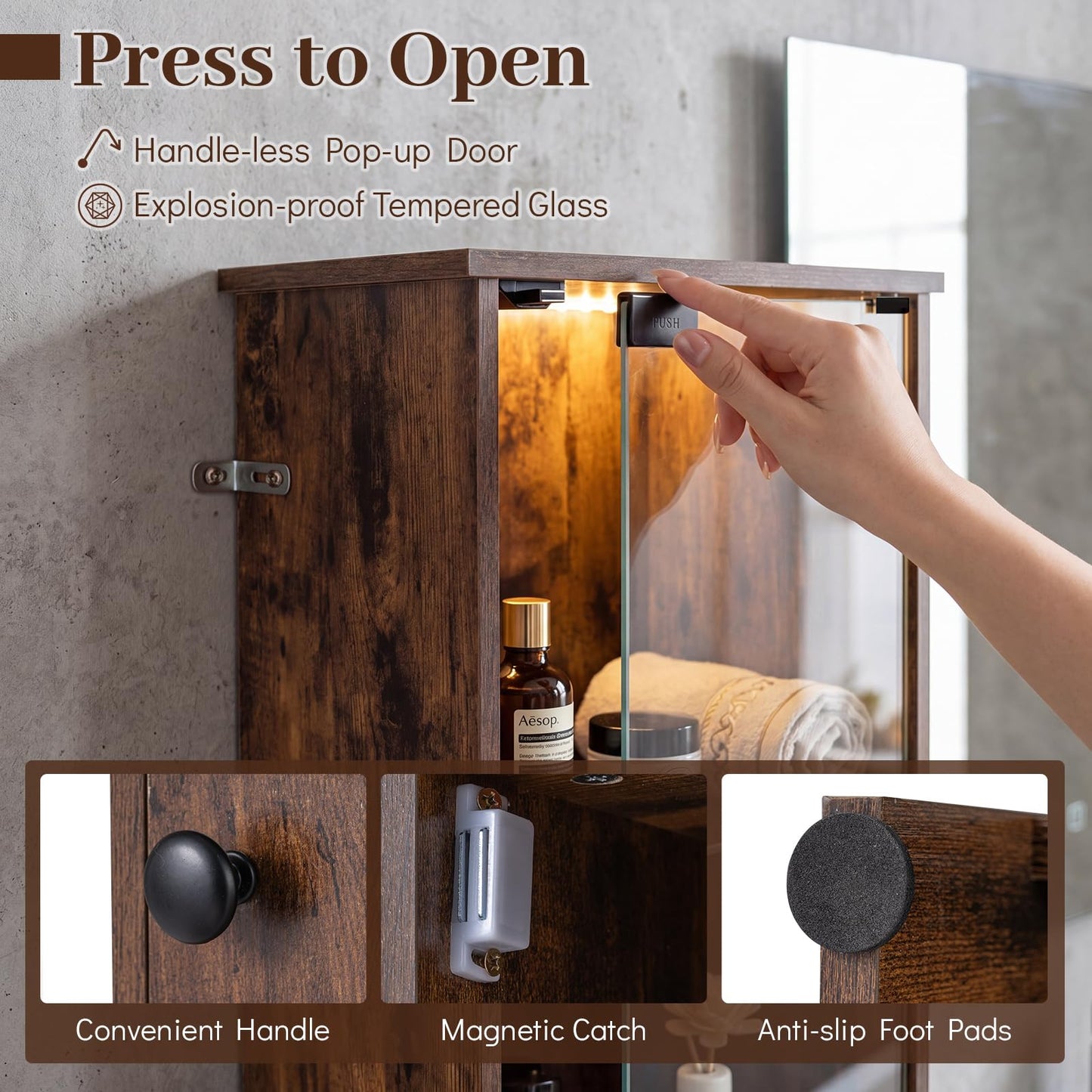 Tall Bathroom Cabinet with Lights Remote Control Open Shelves and Adjustable Shelves