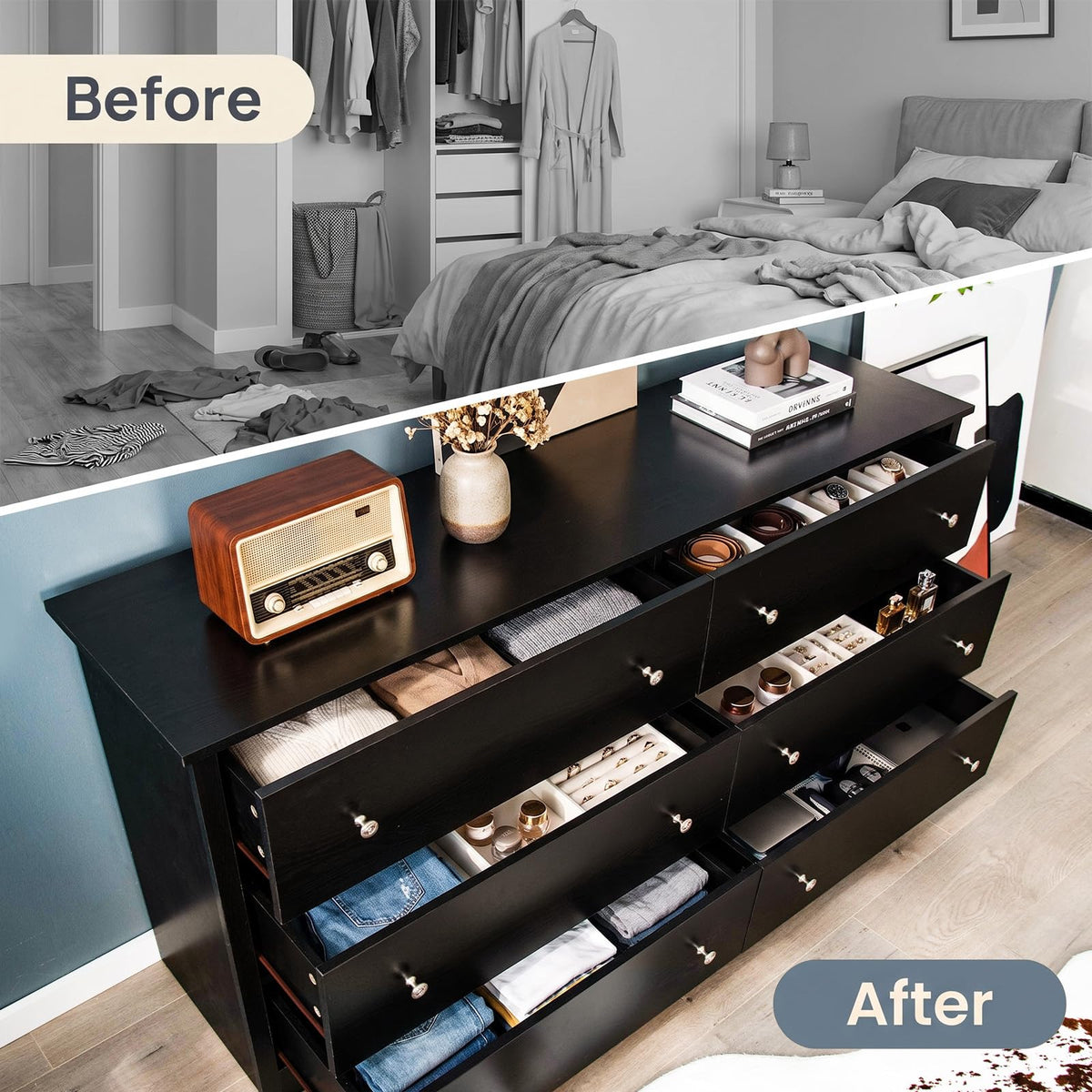 Freestanding Storage Cabinet with 6 Drawers and Anti-Toppling Device for Living Room