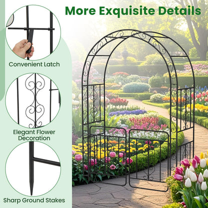 Garden Arbor with Gate and Multiple Side Crossbars for Decoration