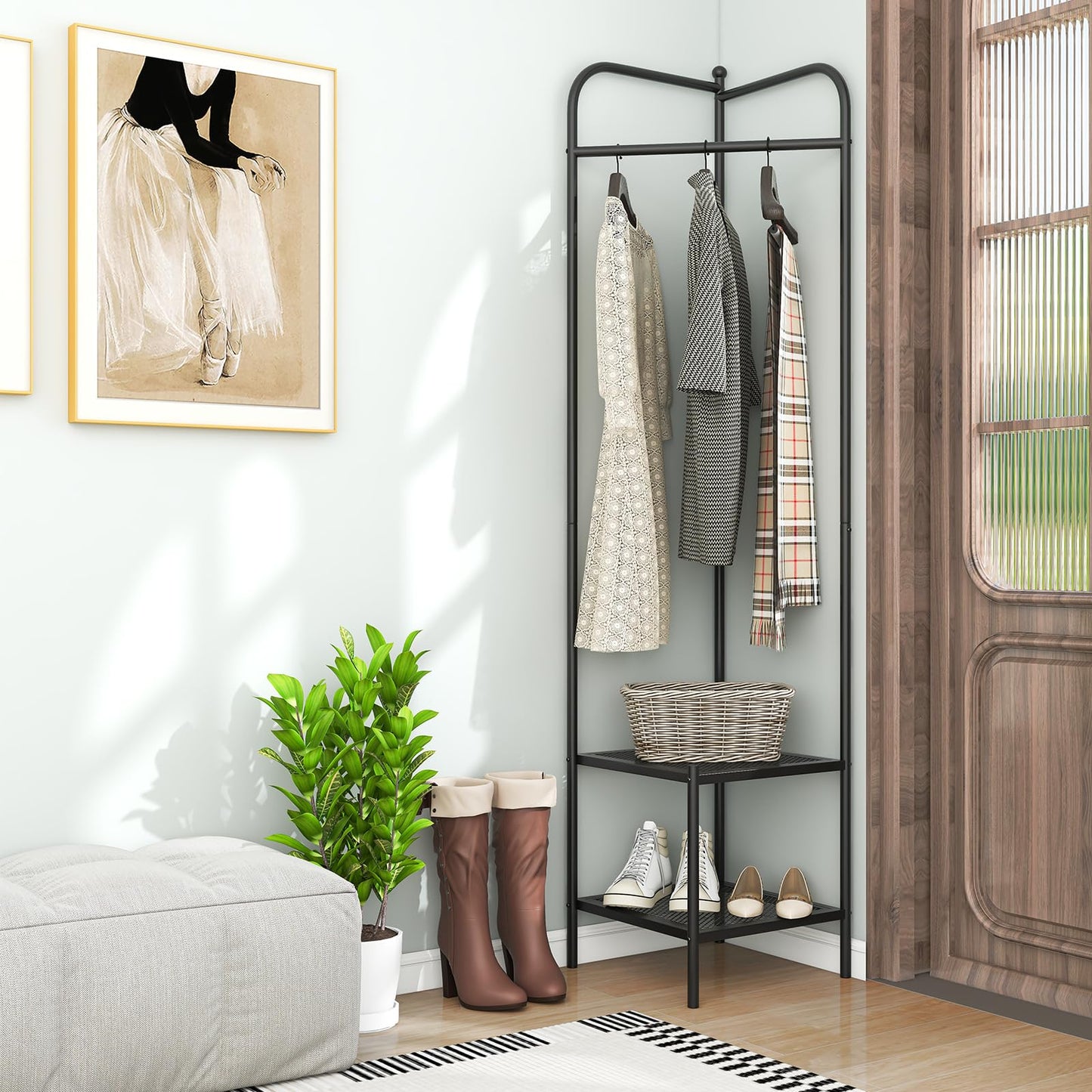 Corner Coat Rack with Shelves and Top Hanger